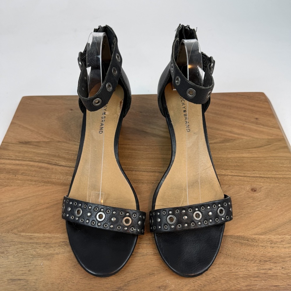 Womens Lucky Brand Jorey Black Leather Eyelet Ankle Strap Wedge Sandals Size 11